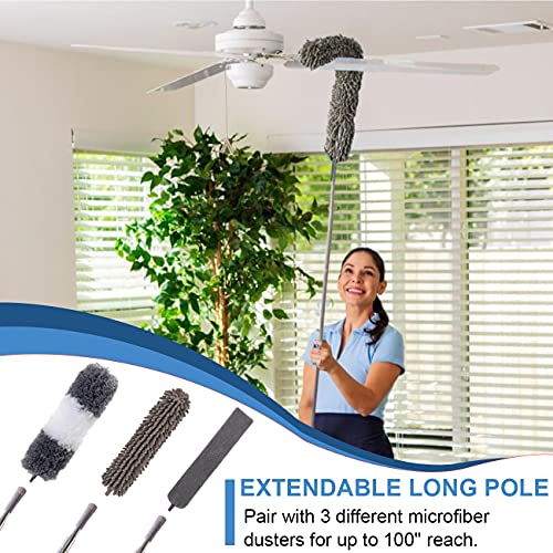 Microfiber Duster Kit for High Ceiling (6pcs), Extendable Dusters for Cleaning with 100" Extension Pole, Long Feather Duster for Fan/Car, House Cleaning Tool Kit by OOSOFITT - color: Grey & White