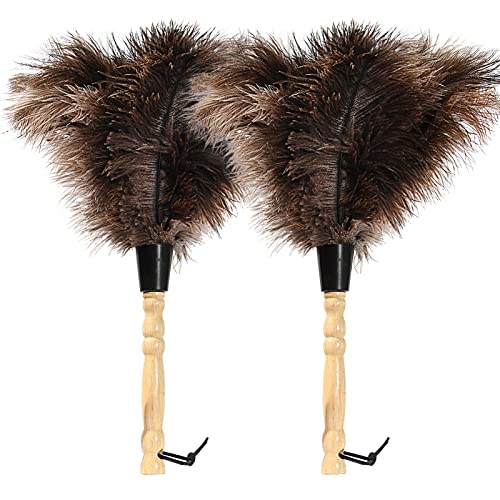 Ostrich Feather Duster 14 inch Feather Duster Fluffy Natural Genuine Ostrich Feathers with Wooden Handle and Eco-Friendly Reusable Handheld Ostrich Feather Duster for Cleaning Supplies - color: Model-14“-brown-2 Pieces