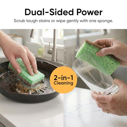 Superio Non-Scratch Cellulose Sponge Scrub (12-Pack) Heavy Duty Kitchen Sponges Scrubbers with Scouring Pad (Green) - color: Natural, size: 12-pack