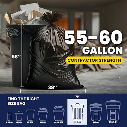 Plasticplace Contractor Garbage Bags: 55 Gallon Trash Bags Heavy Duty, Big Black Trash Bags, 36"x58", 6.0 Mil, Pack of 20 - size: 20 Count (Pack of 1)