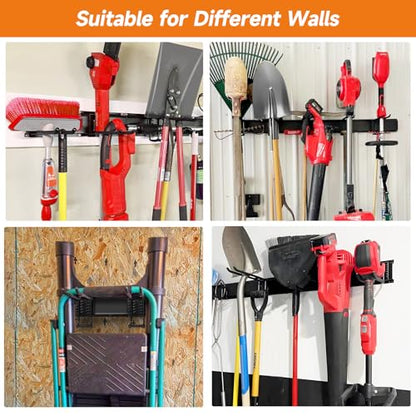 Garage Tool Organizer Wall Mount, Heavy Duty 48 Inches Garage Organization and Storage Racks for Yard Tools with 6 Hooks, Tool Hangers Holders for Hanging Folding Chair, Rake and Shovel - size: 48" Alloy Steel