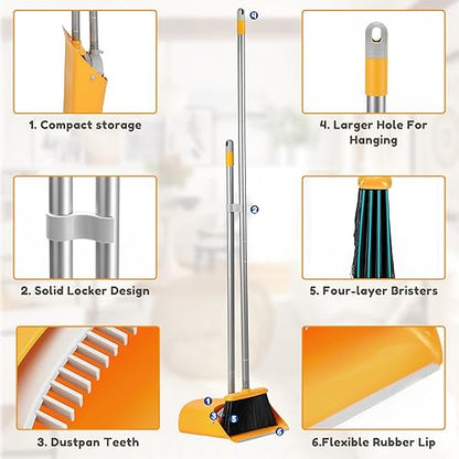 Broom and Dustpan Set with Long Handle 52", Standing Broom and Dust Pan Set for Home Kitchen Room Office Lobby Yellow - color: Yellow