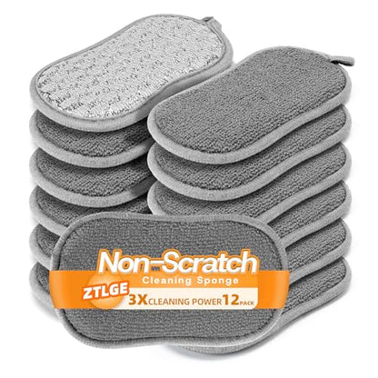 Multi-Purpose Scrub Kitchen Sponges – 12 Pack Dish Sponge, Dual-Sided Non-Scratch Microfiber & Metal Scrubber, Reusable Sponges for Dishes, Pots, Glass, Sink, Stovetop & Bathroom (Gray) - color: Gray