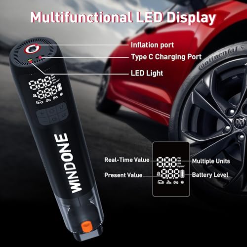 Windone Car Vacuum, 12000Pa 2-in-1 Cleaner & Tire Inflator 150PSI, 60W Brushless Motor, Cordless Handheld Vacuum & Air Pump with Pressure Gauge, LED Light, Multi-Nozzles for Car, Home, Office