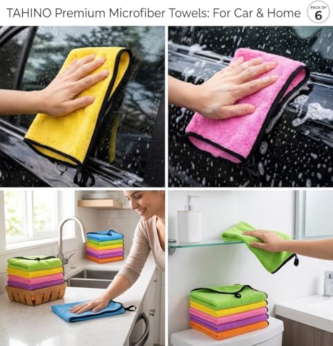 TAHINO Microfiber Cleaning Towels 6 Pack, 16x16 Inch Ultra Absorbent Microfiber Cloths for Car Detailing & Household Cleaning, Soft Lint Free Reusable Cleaning Towels, Multi Color