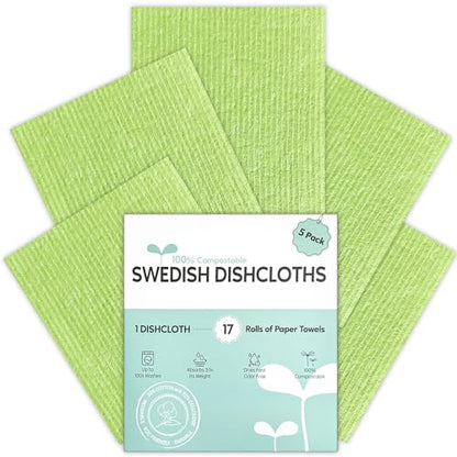 Swedish Dishcloths for Kitchen, 5 Pack Swedish Dish Cloths, Ultra Absorbent Reusable Paper Towels, Cellulose Sponge Cloths, Quick Drying, No Odor, Dishwasher Safe Green - color: Green