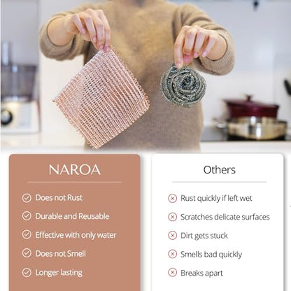 Naroa Copper Scrubbing Pads 3 Pack | 2-Ply Non-Abrasive Metal Mesh Scrubber | Reusable Copper Cleaning Cloth for Stainless Steel, Pots, Pans, Cast Iron | Kitchen Supplies Dishwashing Tools