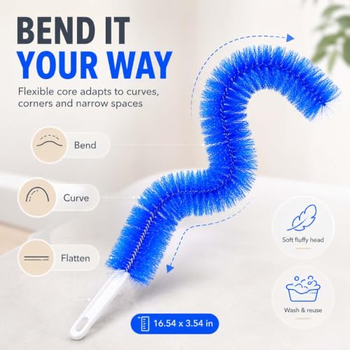 Bendable Microfiber Duster, Reusable Flexible Dust Remover Brush with Soft Fluffy Head, Washable Cleaning Tool for Fans, Blinds, Vents, Window Tracks, Furniture, and Car Interior (2, Blue) - color: Blue