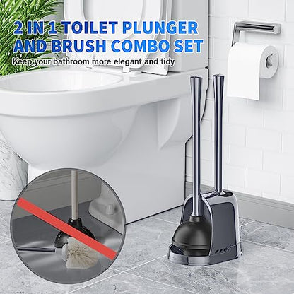 Toilet Plunger and Brush, Bowl Brush and Heavy Duty Toilet Plunger Set with Ventilated Holder, 2-in-1 Toilet Brush and Plunger Combo for 5.3-inch Toilet Drain Bathroom Cleaning (Gray, 1 Set) - color: Gray