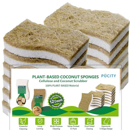 Sponges Kitchen Natural Dish Sponge Plant-Based Biodegradable Compostable Cellulose with Coconut Scrubber Sponge Non Scratch Eco Friendly Kitchen sponges for Kitchen Dishes（Pack of 12） - size: Pack of 12