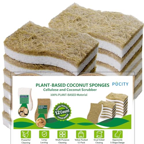Sponges Kitchen Natural Dish Sponge Plant-Based Biodegradable Compostable Cellulose with Coconut Scrubber Sponge Non Scratch Eco Friendly Kitchen sponges for Kitchen Dishes（Pack of 12） - size: Pack of 12