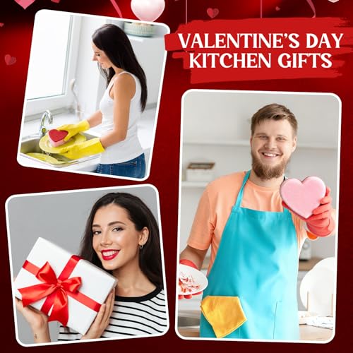 Breling 6 Pcs Heart Shaped Scrub Sponges Valentine Gifts Dual-Sided Kitchen Sponge Heart Kitchen Scrubber for Washing Dishes Pots Pans Household Bathroom Cleaning(Red)