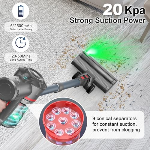 Cordless Vacuum Cleaners for Home,Stick Vacuum with Powerful Suction 45Mins Runtime, Self-Standing Stick Vacuum with LED Headlights, 6 in 1 Lightweight Handheld Vac for Pet Hair Carpet Hard Floors