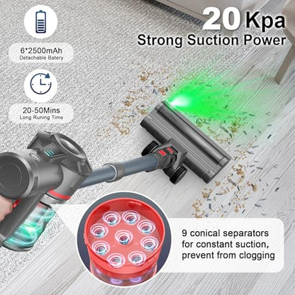 Cordless Vacuum Cleaners for Home,Stick Vacuum with Powerful Suction 45Mins Runtime, Self-Standing Stick Vacuum with LED Headlights, 6 in 1 Lightweight Handheld Vac for Pet Hair Carpet Hard Floors
