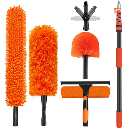 30FT High Reach Duster Cleaning Kit with 24FT Pole | 4-in-1 Tool Set with Universal Swivel Joint | High Ceiling Fan Cleaner, Microfiber Duster & Window Squeegee for Safe High-Reach Cleaning - size: 24FT Pole