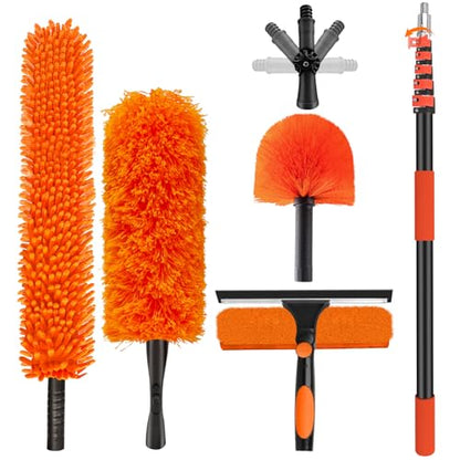 30FT High Reach Duster Cleaning Kit with 24FT Pole | 4-in-1 Tool Set with Universal Swivel Joint | High Ceiling Fan Cleaner, Microfiber Duster & Window Squeegee for Safe High-Reach Cleaning - size: 24FT Pole