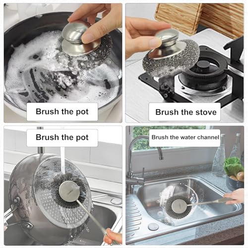 Stainless Steel Wool Scrubber Set, Long Handle & Handle Brushes, Metal Brush for Pots, Pans, Grills & Cutlery Cleaning (3 Pack)