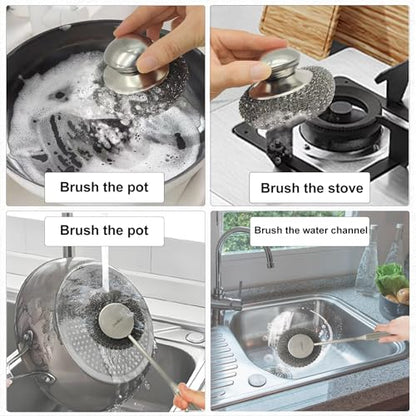 Stainless Steel Wool Scrubber Set, Long Handle & Handle Brushes, Metal Brush for Pots, Pans, Grills & Cutlery Cleaning (3 Pack)