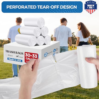 Fuxury 30-33 Gallon Trash Bags Medium Duty, 250 Count Garbage Bags, 32 x 38" Extra Large Clear Trash Bags, 0.6 Mil Plastic Bags for Serious Garbage Cleanup, Made in USA - color: 33Gal-250Ct(Clear)