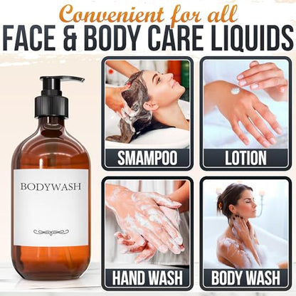 Plastic Amber Soap Dispenser with Pump Set of 3 – 16 oz Refillable Shampoo and Conditioner Bottles – Durable & Reusable for Hand Soap, Dish Soap, Lotion, Gel, Body Wash in Kitchen, Bathroom, Shower