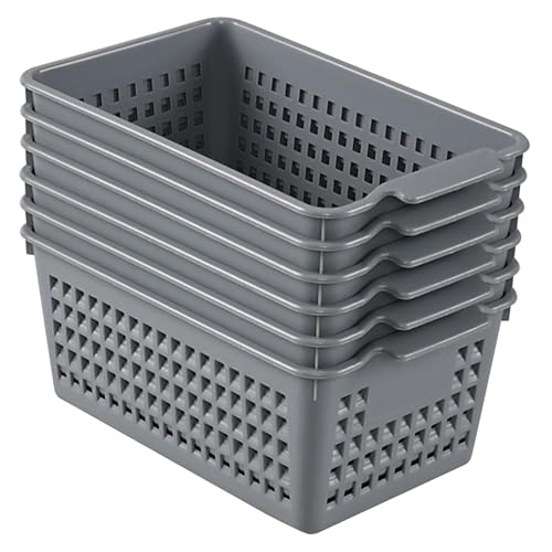 6 Pack Small Plastic Storage Baskets, Plastic Baskets Organizer Bins, Gray
