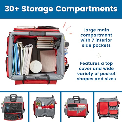 ECR4Kids Universal Rolling Cart with Canvas Organizer Bag, Mobile Storage, Red/Grey - color: Red/Grey