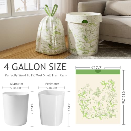 4 Gallon Trash Bags, Small Garbage Bags with Drawstring and Printed Lily Design, Tear-Free, Leakproof & Durable Small Trash Bags for Bathroom, Office, 50 Count - style: 4 Gallon Lily Trash Bags - 50 Counts