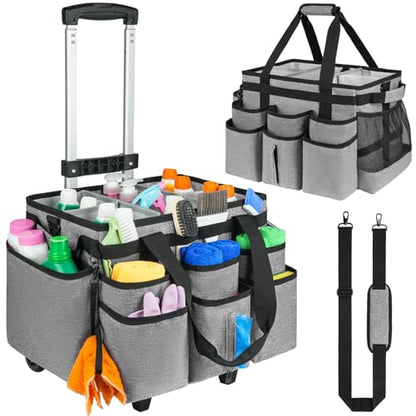 Large Rolling Cleaning Caddy Bag with Detachable Trolley,Cleaning Cart on Wheels with Shoulder Strap,Cleaning Supplies Organizer for Housekeepers,Gray - color: Grey