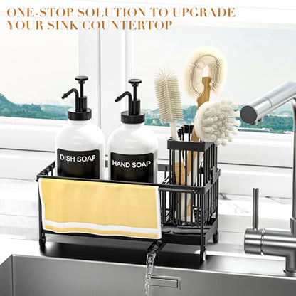 Kitchen Soap Dispenser Set with Sponge Holder and Towel Rack, 17OZ Glass Bottle, Hand and Dish Soap Dispenser Set, Non-Slip Silicone Pad, Brush Holder, Kitchen Sink Caddy Organizer Countertop (White) - color: White