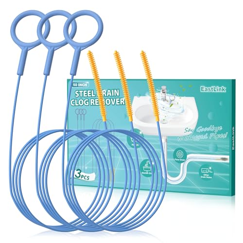 EastLink 50 Inch Extra-Long Drain Snake 3 Pack, Reusable Sink Snake with Easy-Rinse Barbed Tip, Anti-Break Flexible Steel Drain Clog Remover with Nylon Layer, Ideal for Bathroom, Shower and Bathtub