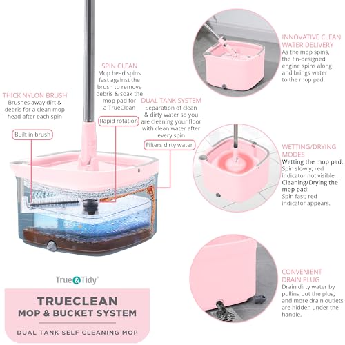 True & Tidy® True Clean Mop and Bucket System, Includes Square Spin, Dual Compartment Mop Bucket and 2 Thick Machine Washable Pads New Upgraded with Side Brush & Self Standing Handle, Rose - size: Spin Mop Rose w/ Side Brush & Self Standing Handle