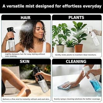 VIGOR PATH 200ml Continuous Mist Spray Bottle for Hair Plants and Skin Care | Ultra Fine Atomizer Leak Proof Ergonomic Construction 360 Refillable - size: 6.7oz - Black and Clear