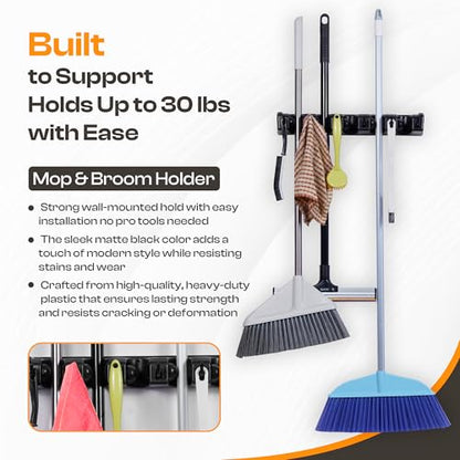 Heavy Duty ABS Plastic Broom Holder with 5 Slots and 6 Hooks | Wall Mount Mop and Broom Hanger | Waterproof Broom Organizer with Screws| Wall Mount Tool Organizer for Garage Storage - size: 5 Slots & 6 Hooks