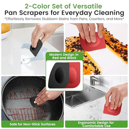 TOPULORS Cast Iron Scrubber Cleaner & 316L Stainless Steel Chainmail Scrubber with 2 Scrapers, Ergonomic Silicone Handle Brush for Pans Skillets Grills Dishes Cleaning - Non-Scratch Rust-Proof - Red