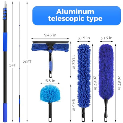 wlich 26ft High Reach Duster Kit, Aluminum 5-20ft Fan & Window Cleaner Set, Versatile Dusting Set with 5 Replaceable Heads for Cleaning Fans, Windows, and Hard-to-Reach Areas Outdoors Without Ladder