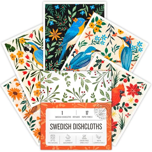 Swedish Dishcloths for Kitchen, 5 Pack Reusable Paper Towels Washable, Super Absorbent Kitchen Towels, No Odor Dish Rags, Biodegradable, Quick Drying, Dishwasher Safe - color: 5 Count- Flowers and Birds