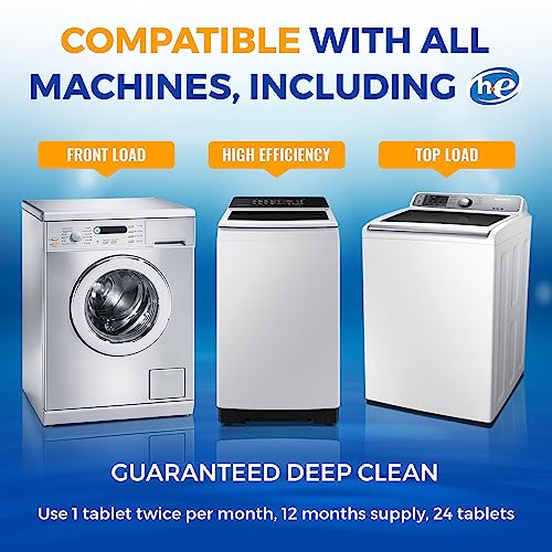 Washing Machine Cleaner Tablets 24 pack Powerful Descaler -Deep Cleaning for HE Front Loader & Top Load Washer Septic Safe Eco-Friendly Deodorizer Clean Drum & Laundry Tub Seal- Year's Supply