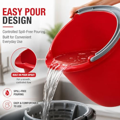 Large 10-Qt Easy Pour Pail with Comfort Grip Handle, Heavy Duty Utility Bucket for Cleaning, Washing, Storage & Household Use, Red