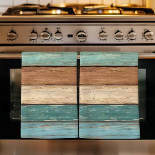 Farmhouse Teal Brown Kitchen Towels Set of 4, Ultra Absorbent Dish Towels Quick Drying Microfiber Hand Towel Decorative Vintage Retro Wooden Tea Towel Dishcloths for Kitchen Cleaning 18"x28" - size: 4 Pack