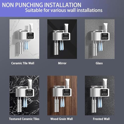 Smart Toothbrush Holders for Bathrooms,Electric Toothbrush Holders with Solar Charging,Toothbrush Holder Wall Mounted with 2 Cups and 4 Brush Slots (White)
