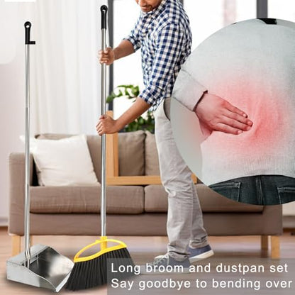 Broom and Stainless Steel Dustpan Set for Home,Metal Dust Pan and Soft Bristles Indoor Kitchen Broom for Office,Lobby - style: Broom and Dustpan
