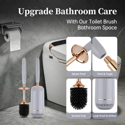 Toilet Brush and Holder Set, Toilet Bowl Brush with Long Handle, High-End Modern Silicone Toilet Brush Set, Non-Scratch Hygienic(Matte White + Gold, A),Father's Day - color: Matte White + Gold
