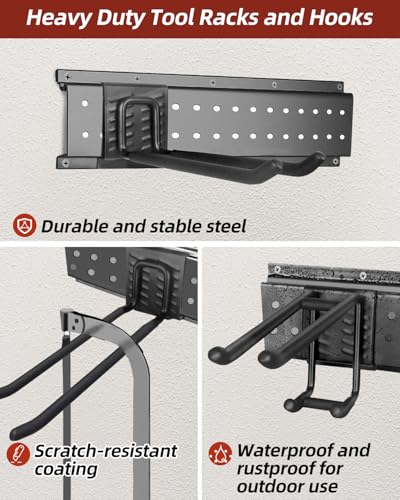 64-Inch Garage Storage Tool Organizer Wall Mount, Heavy Duty Garage Organization Metal Rack with 12 Hooks, Garden Tool Hanger Holder for Broom, Shovels, Ladders, Lawn Tools - size: 64" 4 Panels & 12 Hooks