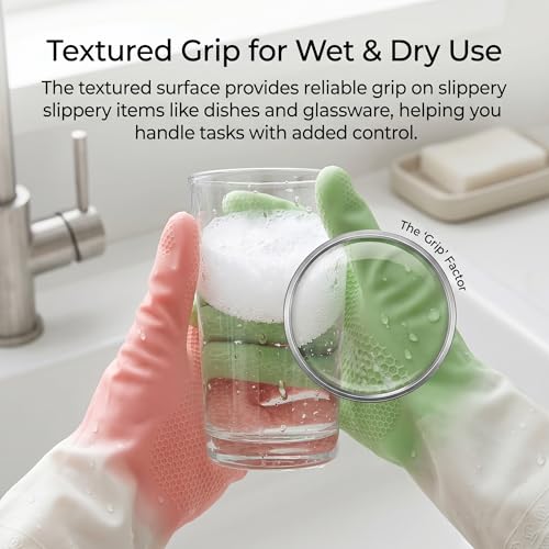 Cleaning Gloves 2 Pairs, Medium Reusable Dishwashing Gloves Honeycomb Non-Slip Grip, Waterproof Long Cuff Household Gloves for Kitchen Dishes Bathroom Laundry Pet Bath, Mint Green & Pink for Women