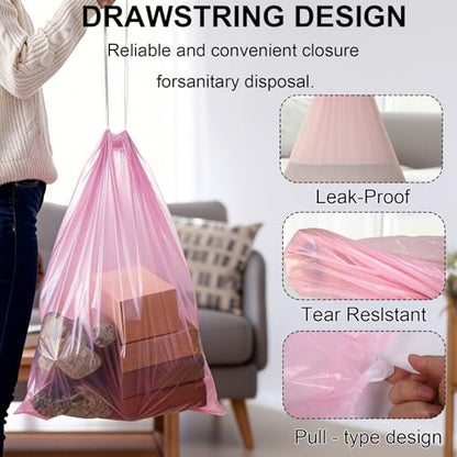30 Gallon Drawstring Trash Bags, 30 Count Heavy Duty Garbage Bags, Extra Thick, Tear & Leak Resistant, for Kitchen, Office, Home, Hospital, Large Bins (Pink) - color: 30 Gallon-Pink
