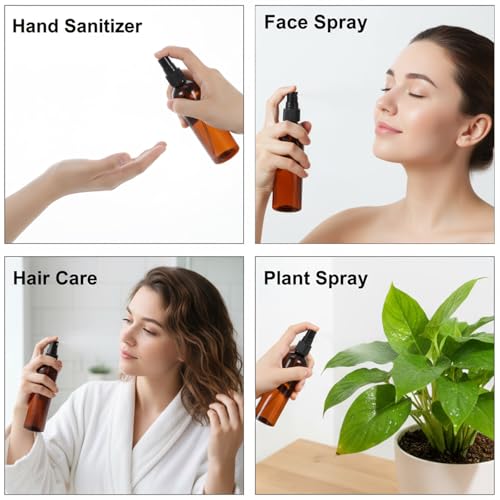 60 Pack 4 Oz Amber Plastic Spray Bottles, Fine Mist Refillable Empty Travel Bottles for Essential Oils, Perfume, Toner & Cleaning Solutions