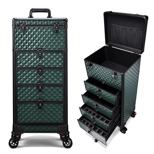 Yueieoun Nail Salon Cart with 4 Drawers,Rolling Makeup Train Case for Beauty,Cosmetology Case on Wheels Trolley Cart,Lockable Organizer Travel Case for Manicure/Face Painting/Hairstylist,DARK GREEN - color: Four Drawer-green