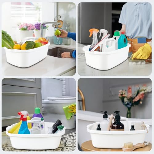 Cleaning Supplies Caddy with Handle, Portable Shower Caddy Organizer Plastic Basket with Handle, Stackable Tool Storage for Bathroom, Garden, Kitchen, Home Organization, White