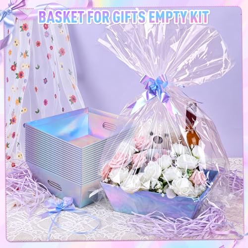 AFOROEOA 20PACK Laser Baskets For Gifts Empty, 12x10x4” Holographic Iridescent Gift Basket Kit with 20 Bows & 20 Bags - Bulk Empty Gift Baskets to Fill for Large Weddings, Parties - color: 20 Laser