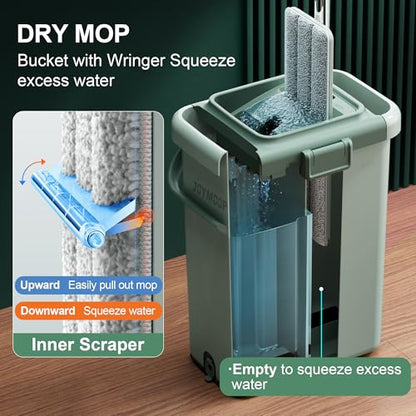 JOYMOOP Flat Mop System, Microfiber Mop and Bucket Set, Green, Household & Commercial Floor Cleaning Mop, Includes 2 Mops and 8 Large Microfiber Pads - color: Green Max582